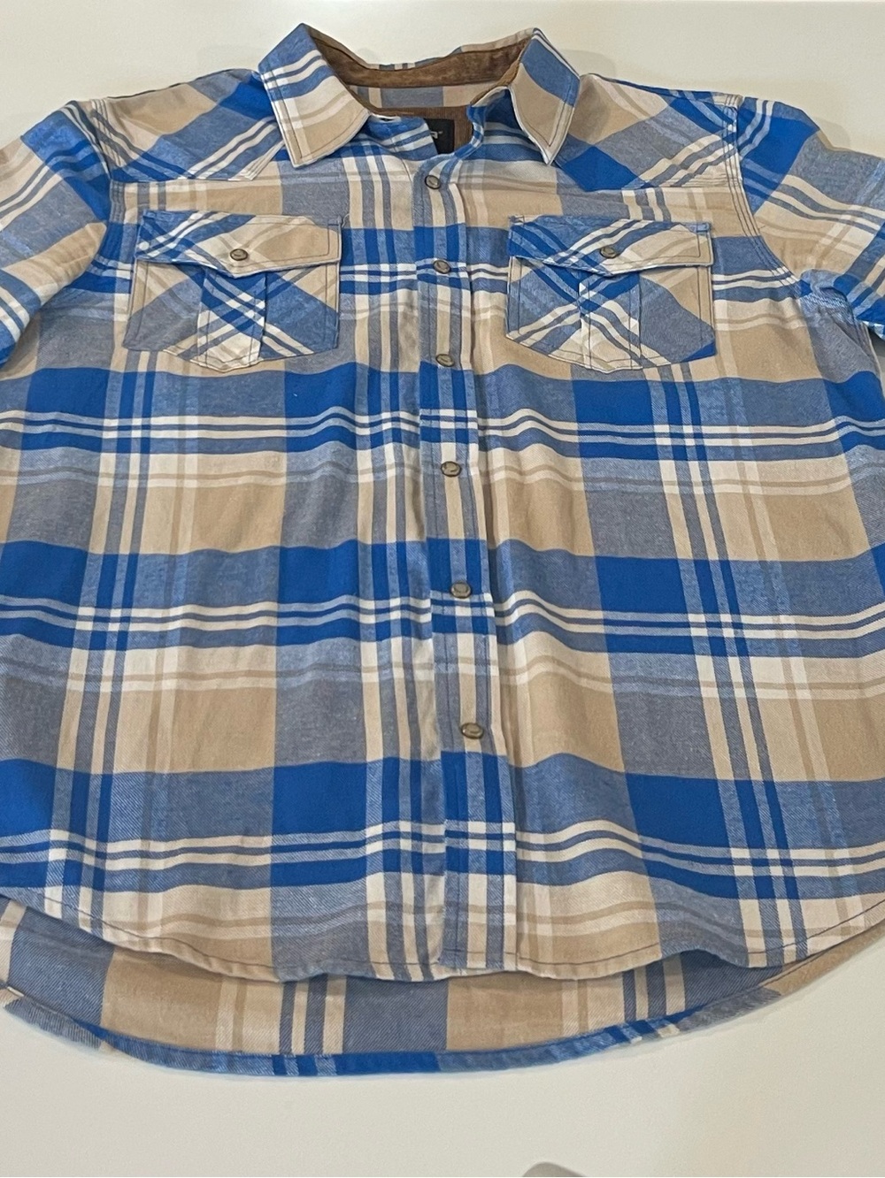 CQR Men’s Plaid Flannel Shirt Size L Corduroy Trim Blue Tan Western Yoke Cotton